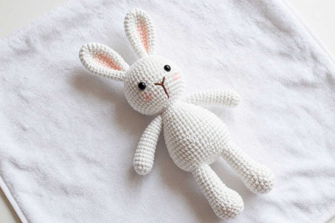 clean crochet bunny toy on fresh white towel