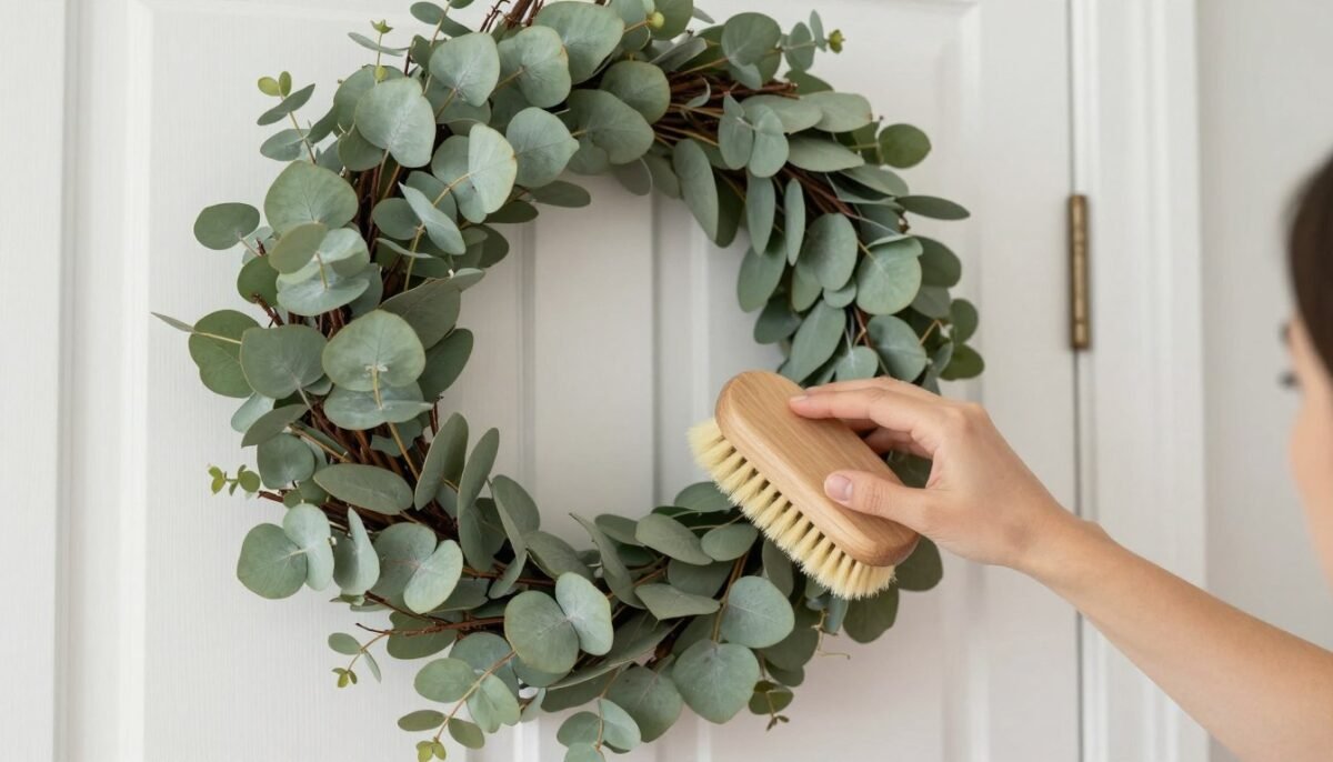 cleaning wreath on bedroom door with soft brush