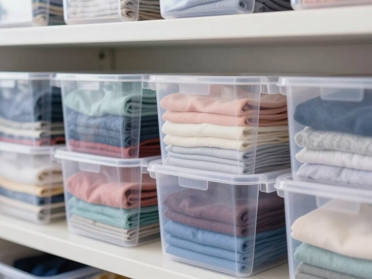 clear plastic storage bins filled with organized fabric on white shelving unit