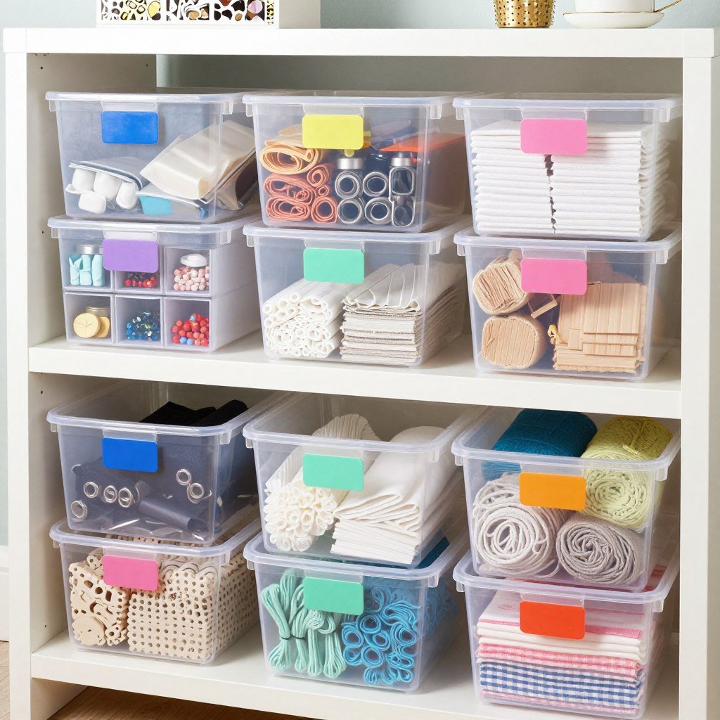 clear storage bins and containers organized with craft supplies and labels