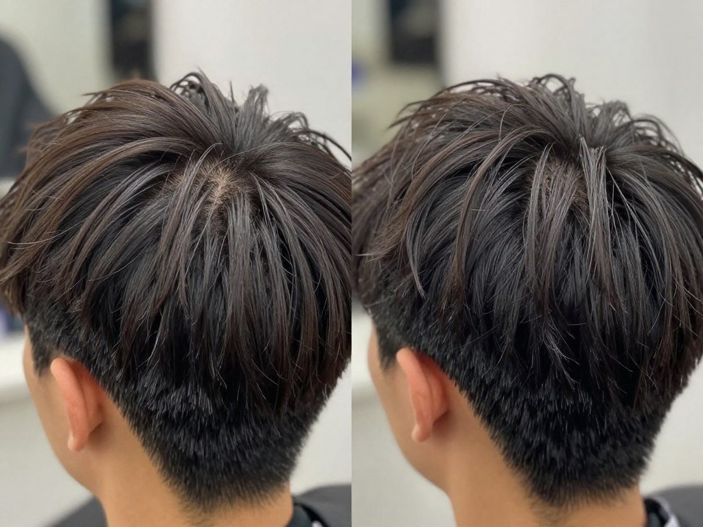 close-up comparison of thin hair before and after styling showing volume transformation