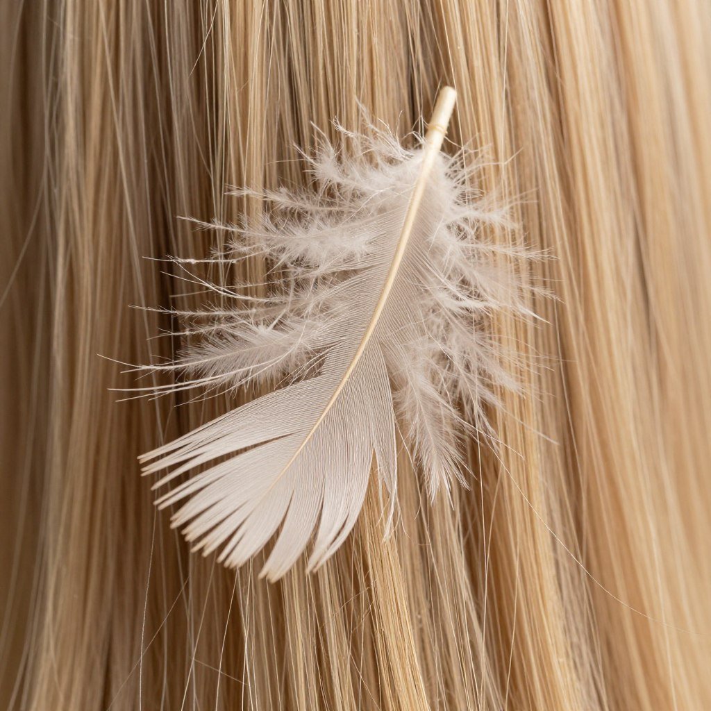 close up detail of wispy feathered hair ends