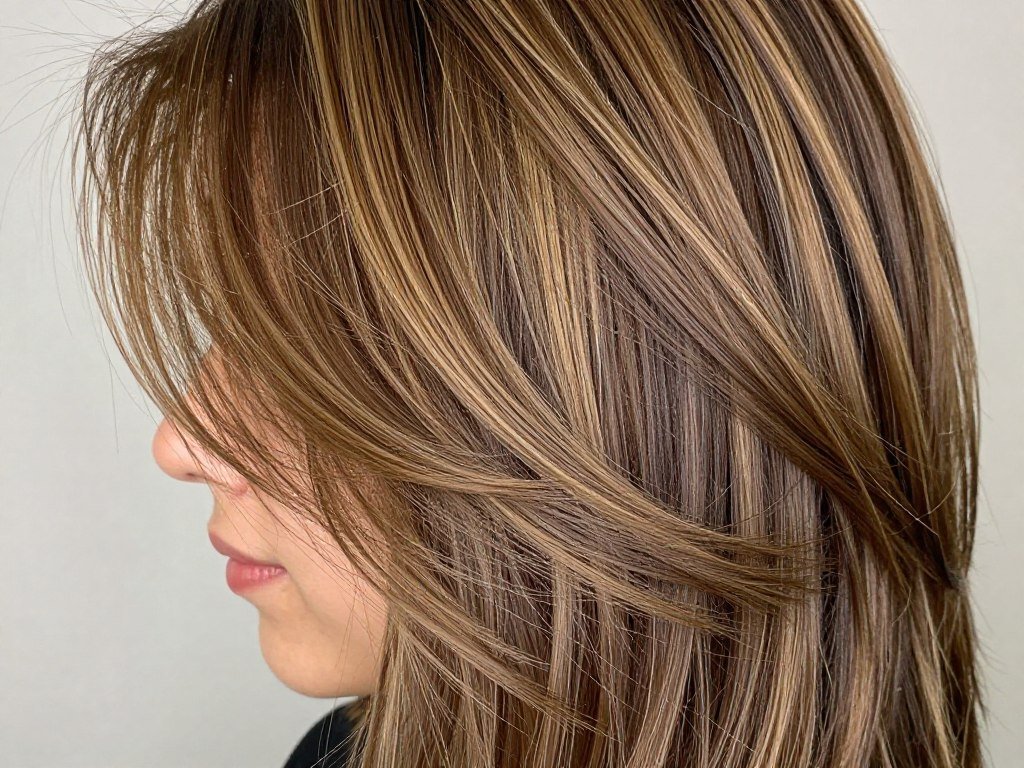 close-up of balayage highlights in lob showing color dimension