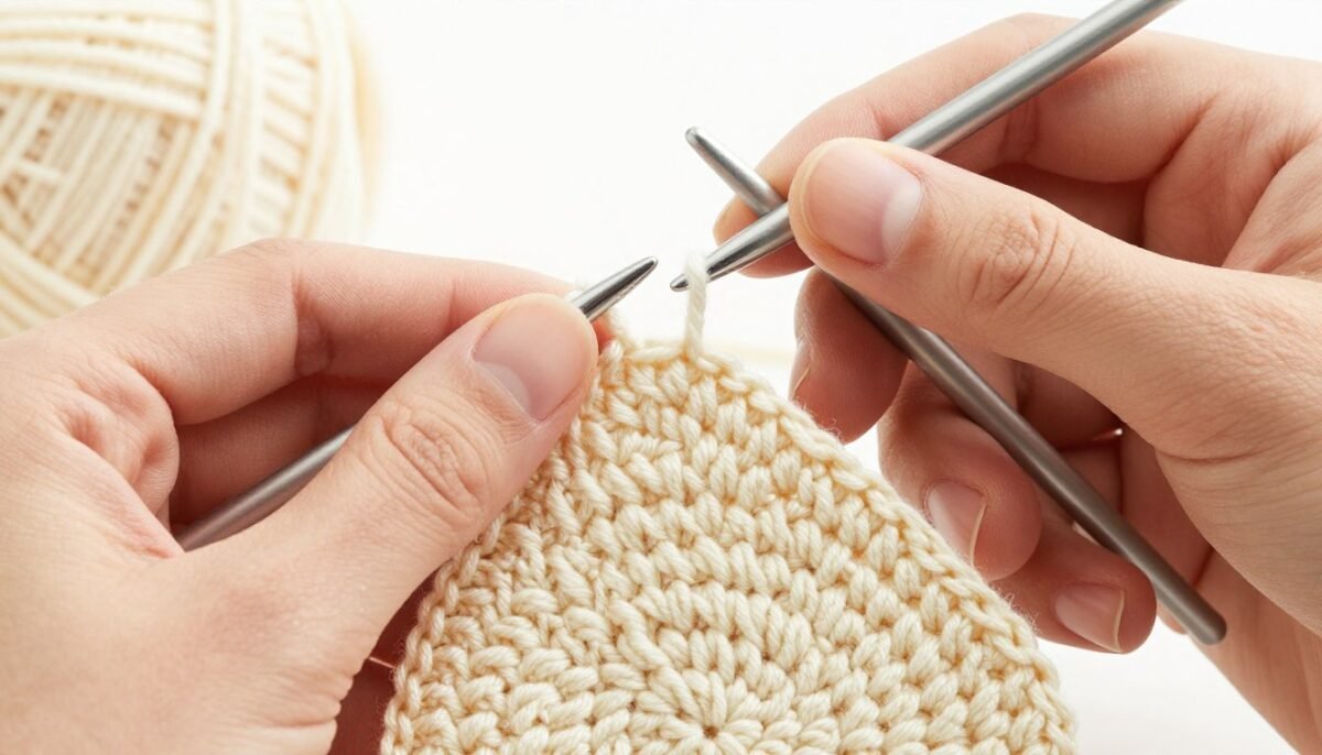 close-up of crochet hook working single crochet stitches in round