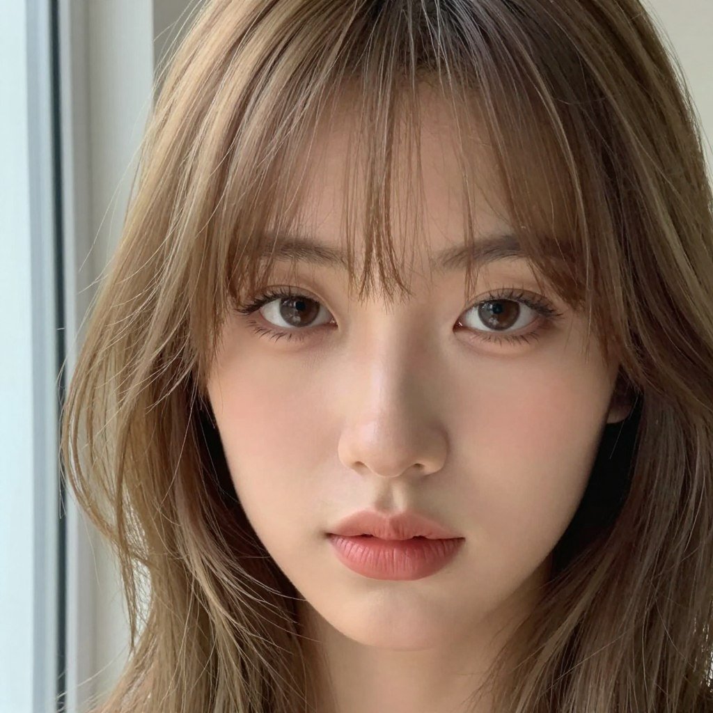 close up of curtain bangs framing face with fine hair texture