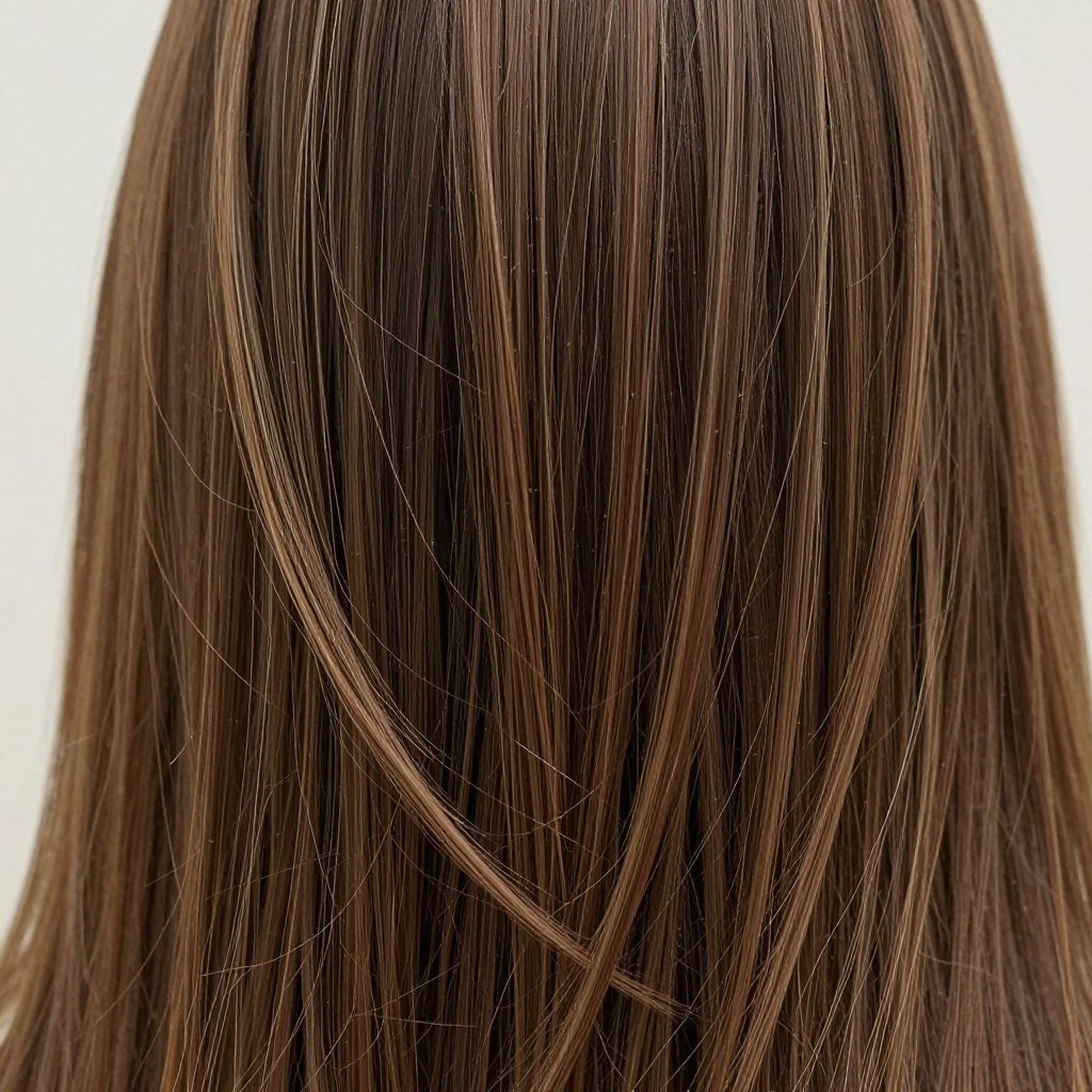 close-up of curtain bangs on long thin hair showing styling detail