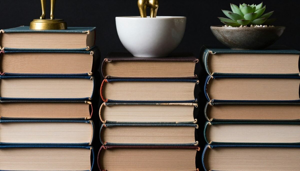 close-up of horizontal book stacks with small decorative objects on top