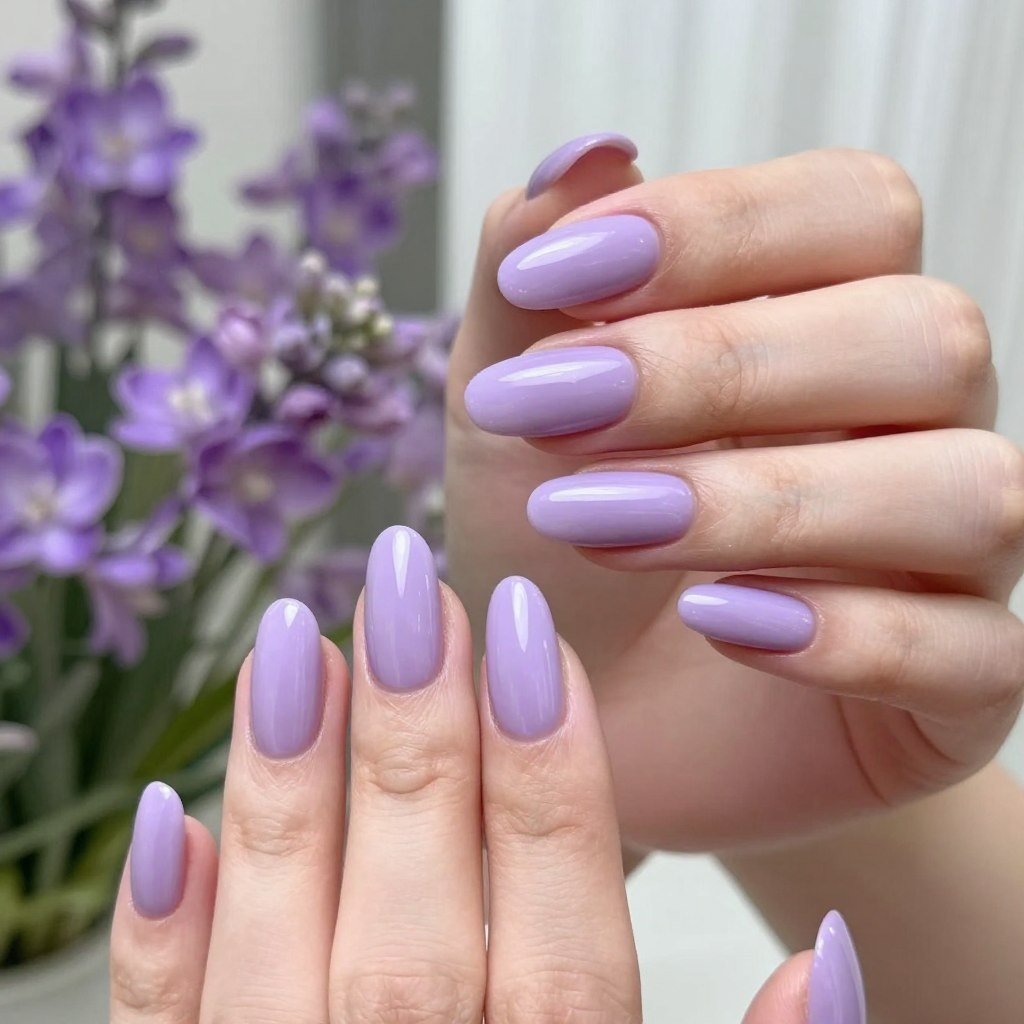 close-up of lavender May nails with glossy finish and almond nail shape