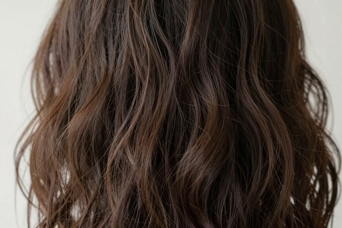 close-up of natural wavy texture in lob creating volume
