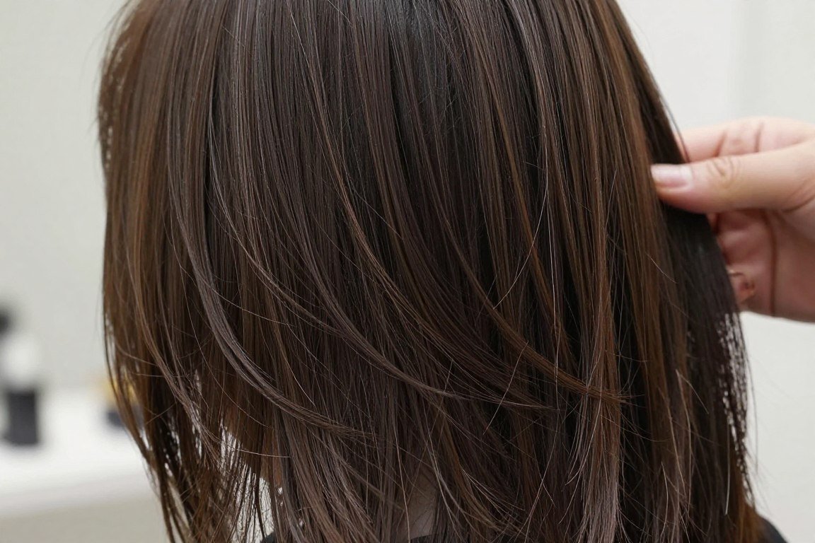 close-up of shag haircut layers on long thin hair