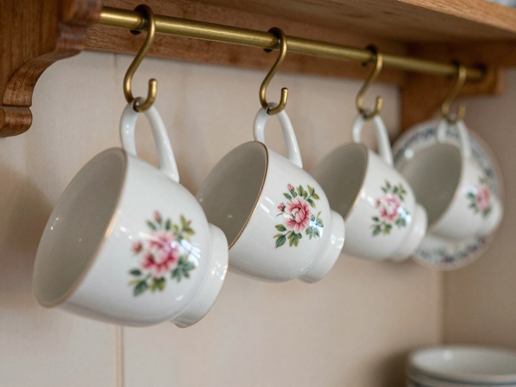 close up of tea cups hanging from plate rack hooks