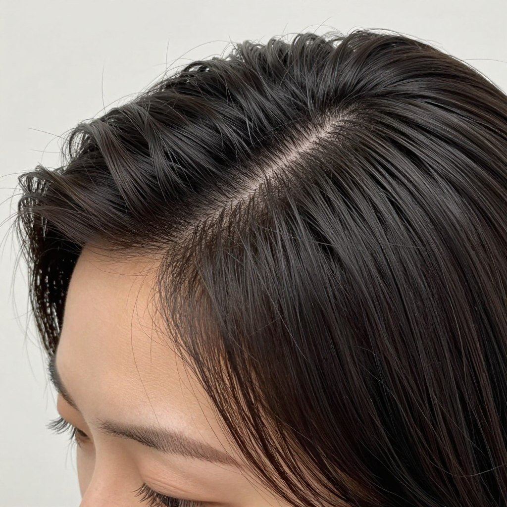 close-up showing deep side part creating root volume