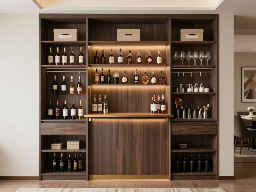 closet converted into home bar with organized shelves and lighting