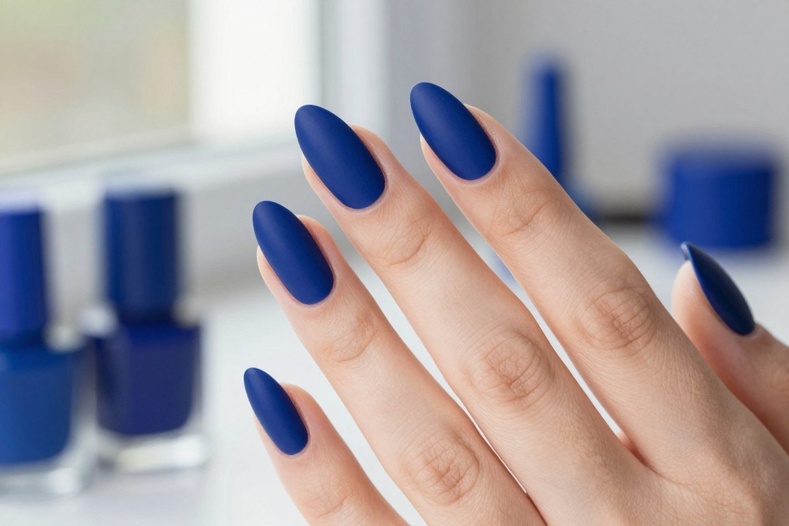 cobalt blue May nail design with matte finish