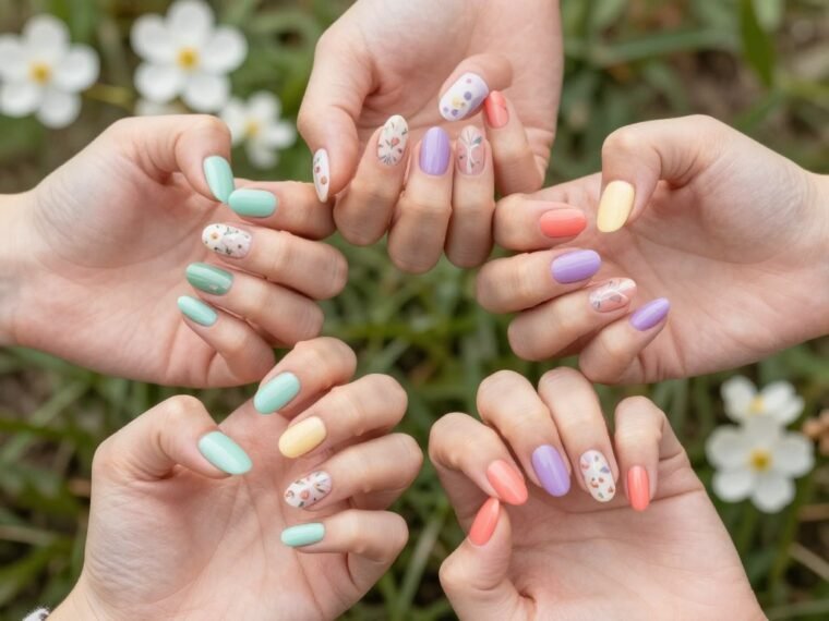 collection of May nails featuring pastel colors and floral accents on various hand poses