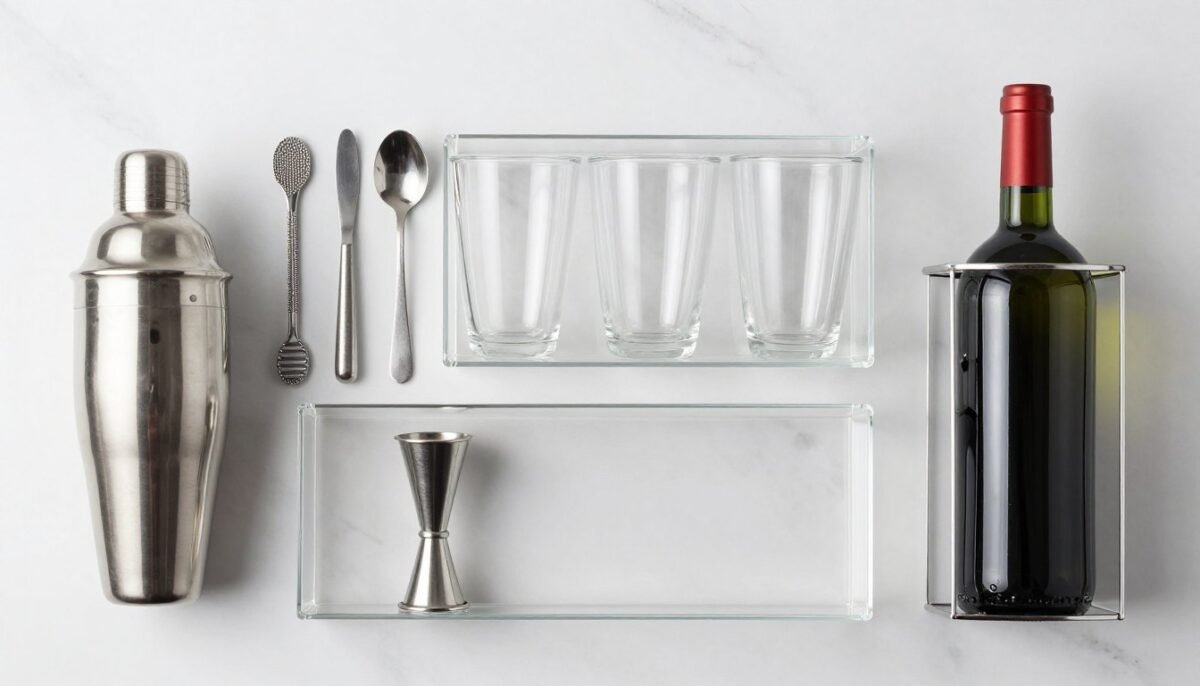 collection of bar accessories, tools, and storage organizers arranged on surface