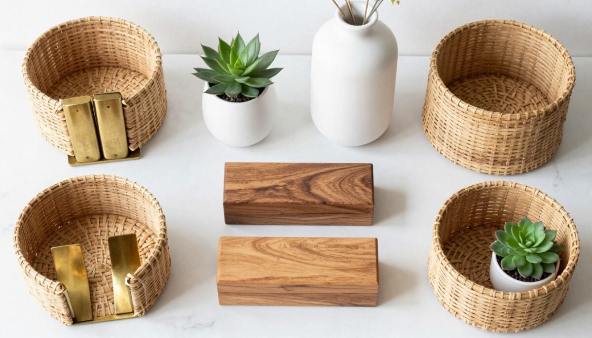 collection of bookshelf styling essentials including bookends, storage boxes, and decorative objects