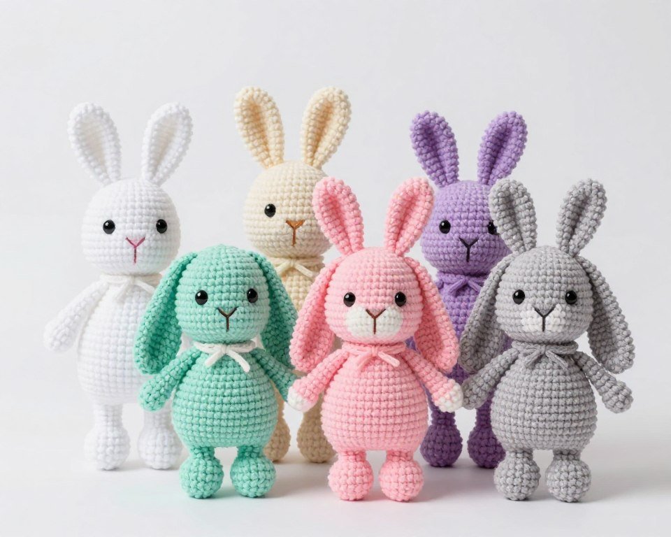 collection of completed crochet bunny toys in various colors