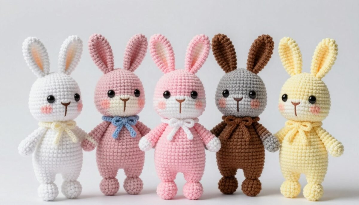 collection of different colored crochet bunnies together