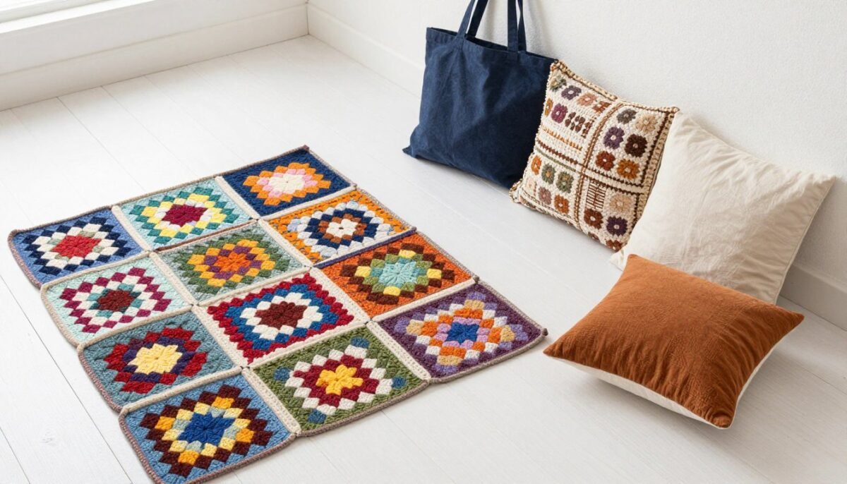 collection of finished solid granny square projects