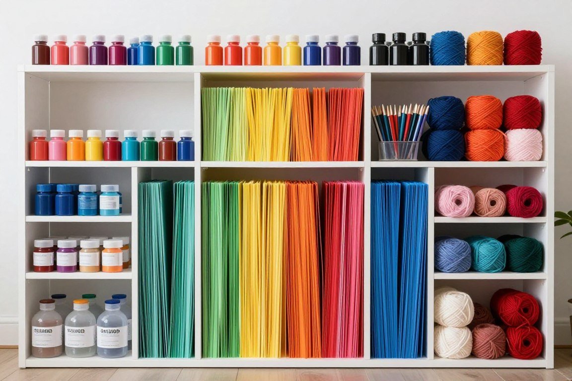 color-coded craft supply organization with rainbow arrangement