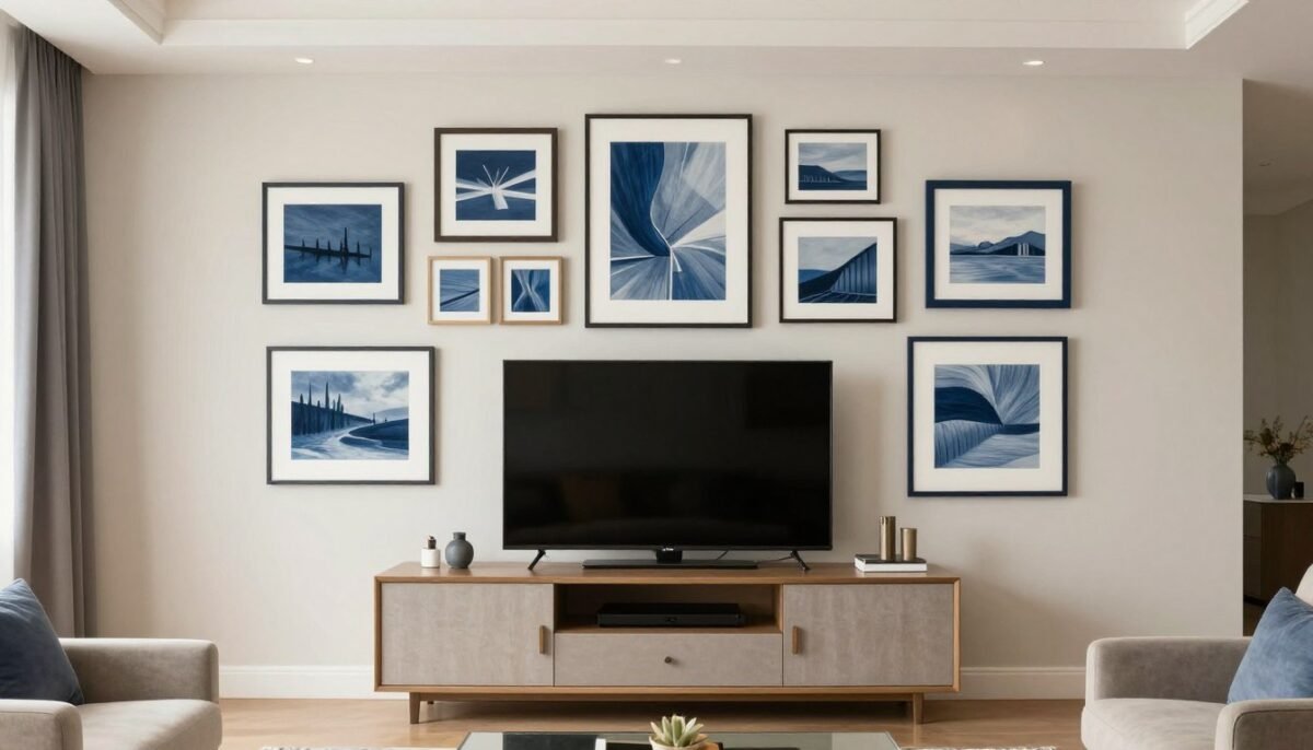 color coordinated TV gallery wall with frames and artwork in harmonious color palette