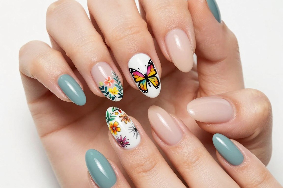 colorful butterfly painted on summer nail accent