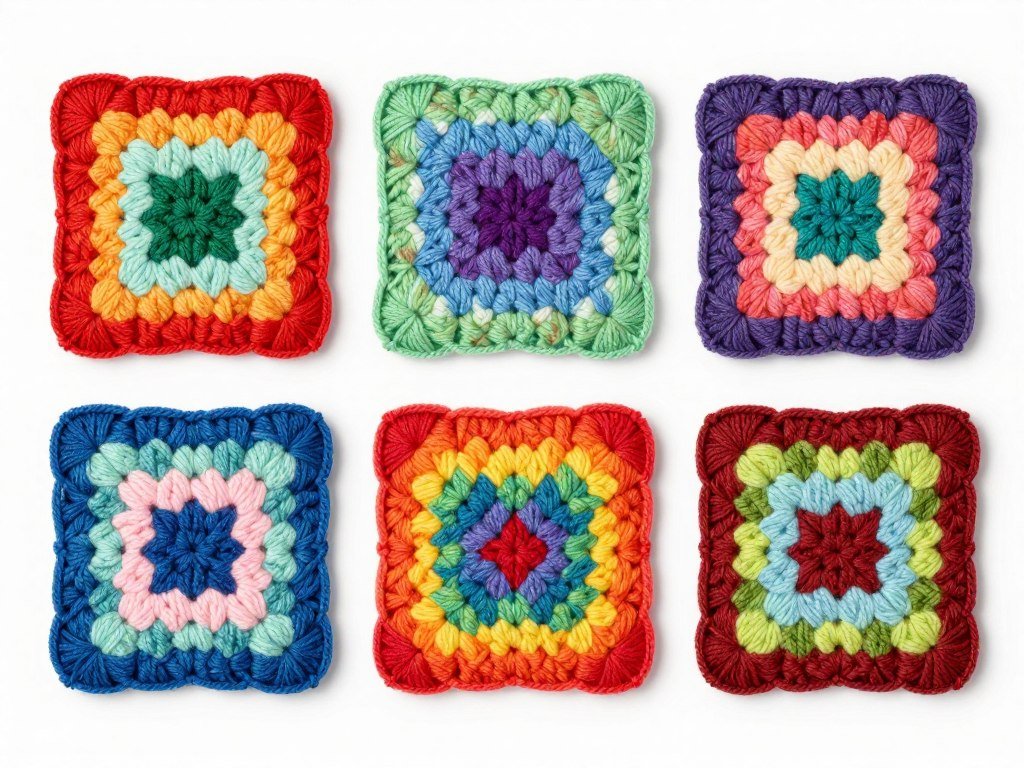 colorful solid granny squares showing color change variations