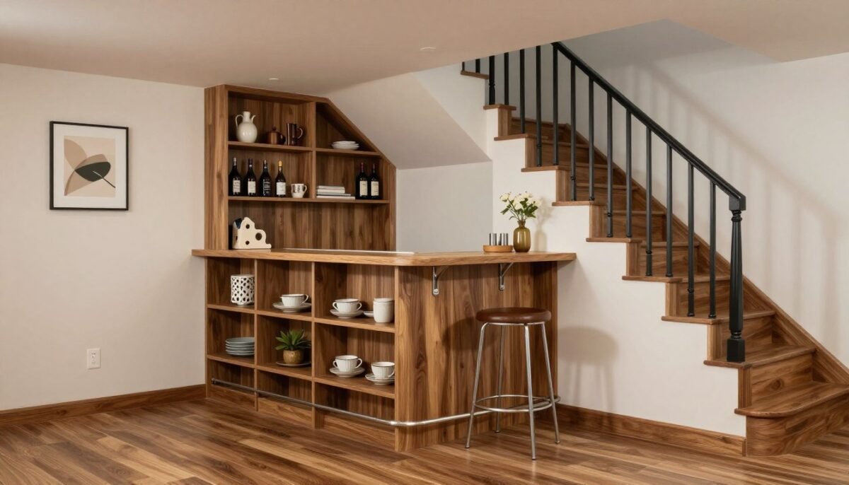 compact bar built into space under basement stairs