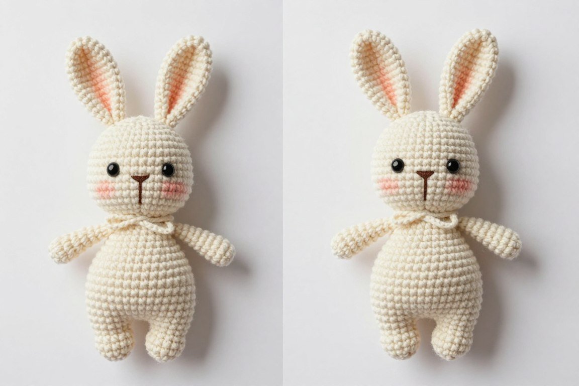 comparison of crochet bunny head and body pieces side by side