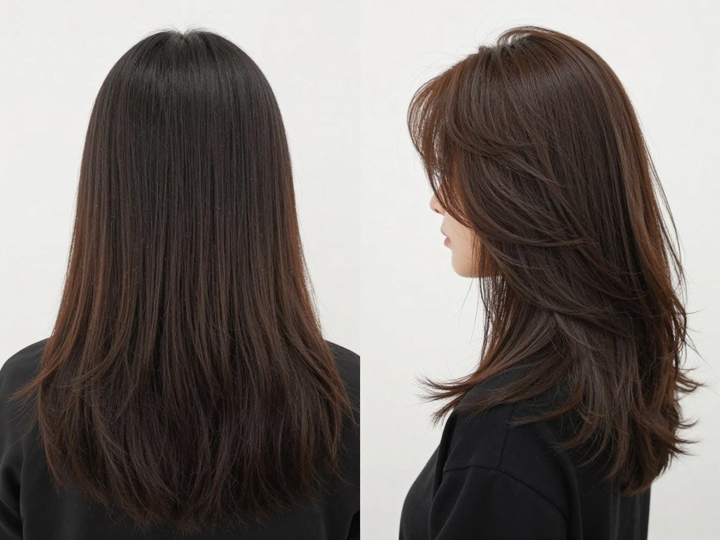 comparison showing fine hair before and after lob cut demonstrating added volume