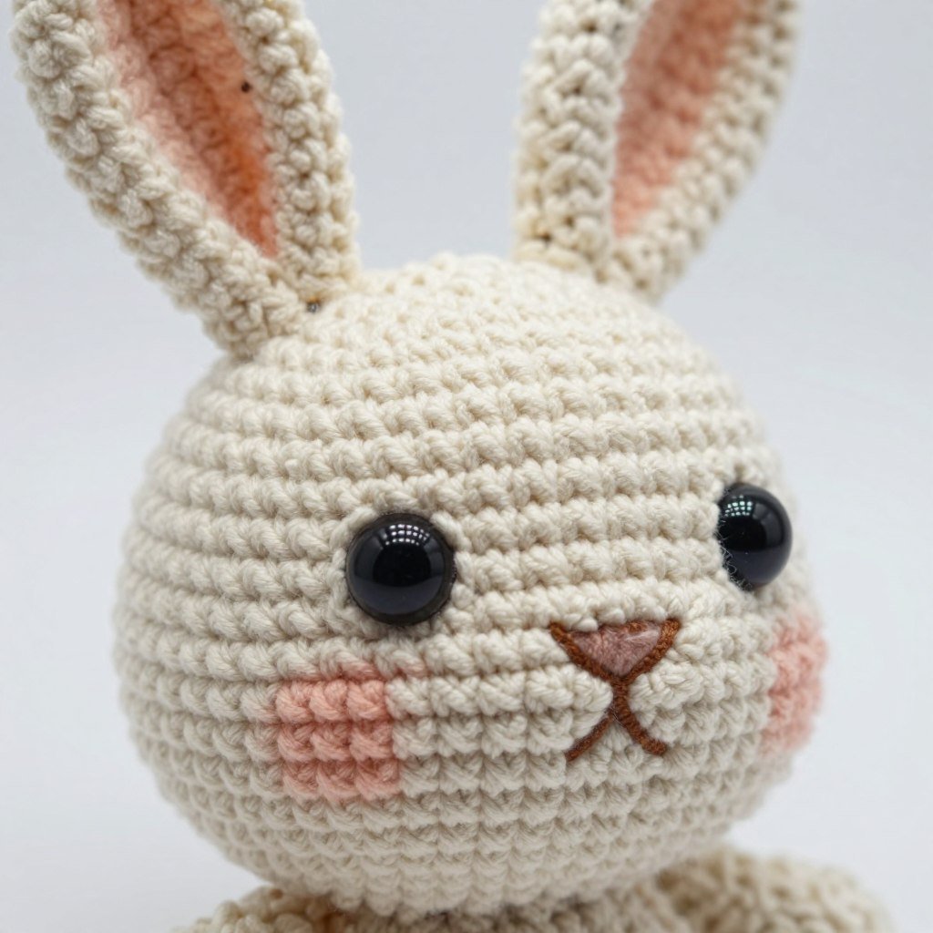 completed crochet bunny head with safety eyes attached