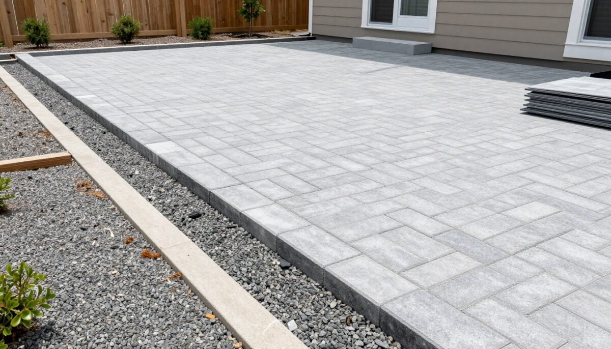 concrete paver patio installation showing base preparation and pattern layout concrete paver patio installation showing base preparation and pattern layout