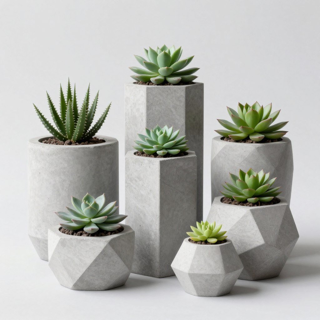 contemporary concrete planters with succulents on small modern front porch