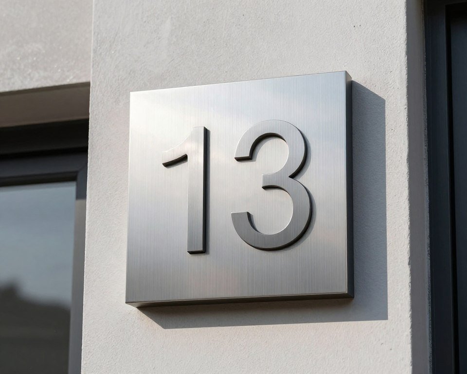 contemporary house numbers mounted on exterior wall near small front porch