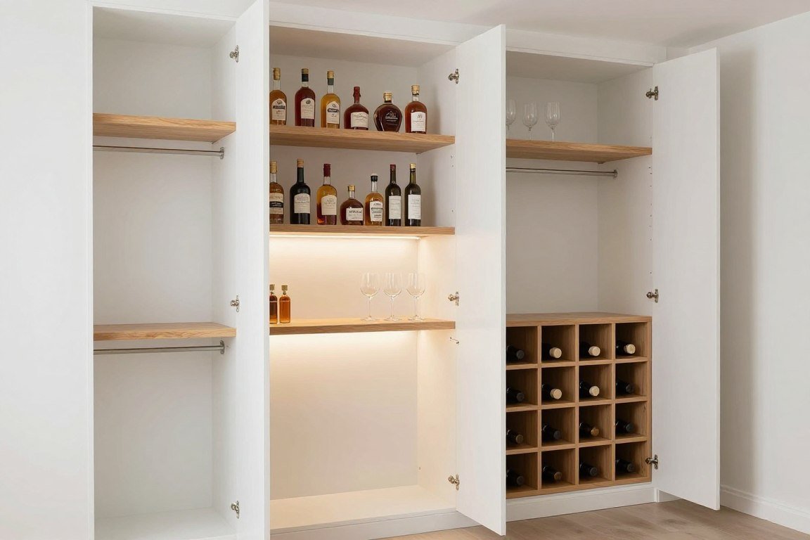 converted closet mini bar with removed doors showing shelves, lighting, and organized bar setup