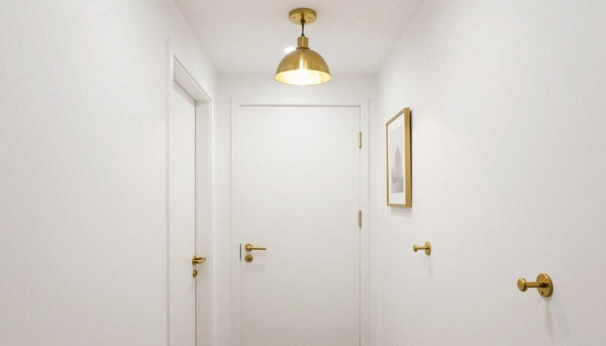 coordinated metal finishes in hallway fixtures and hardware