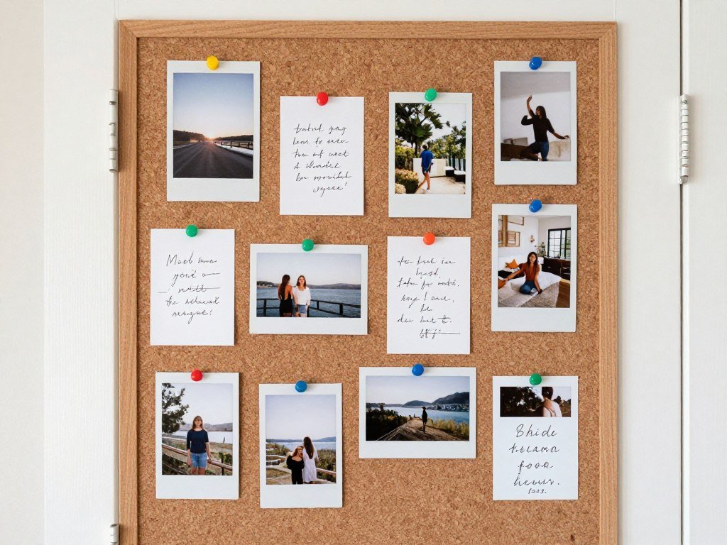 cork board covering on bedroom door with pinned items