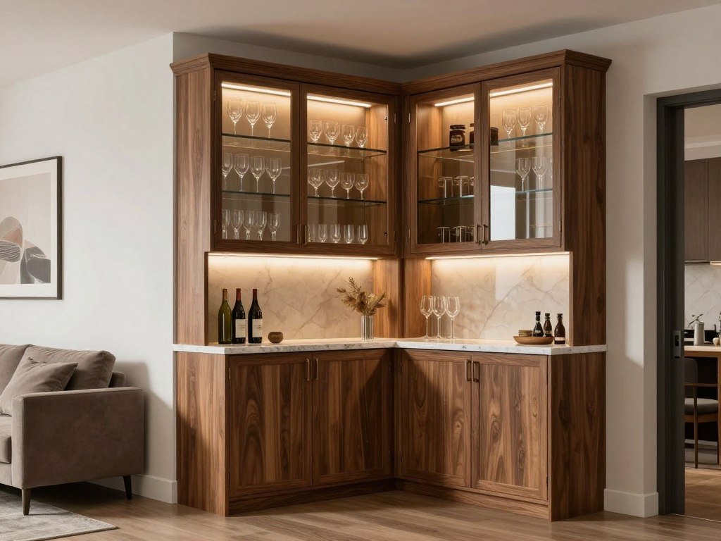 corner bar setup with built-in cabinets and bar area
