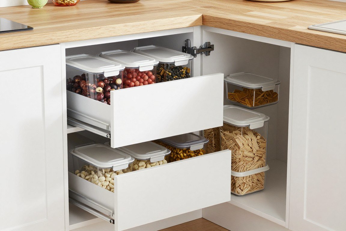 corner cabinet with pull-out drawers extended showing organized pantry storage
