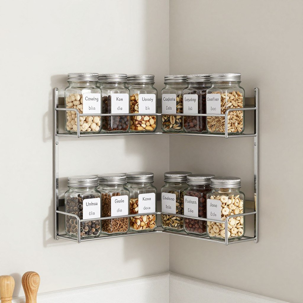 corner mounted spice rack with labeled jars in organized rows