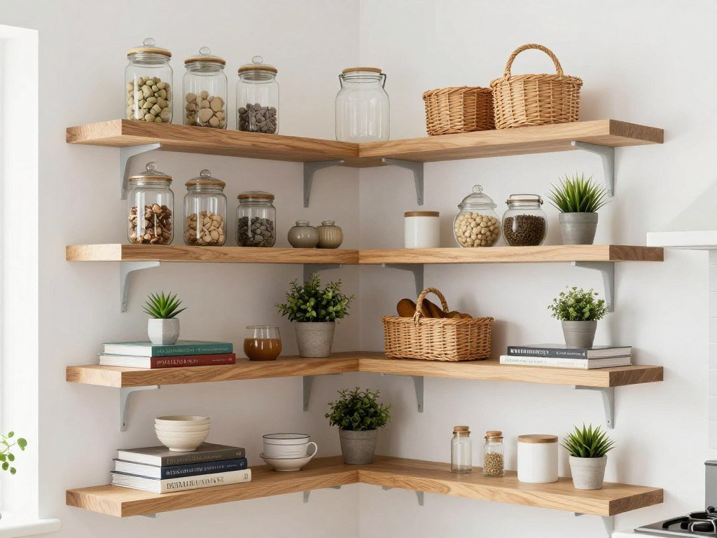 corner open shelving with decorative pantry items and storage baskets