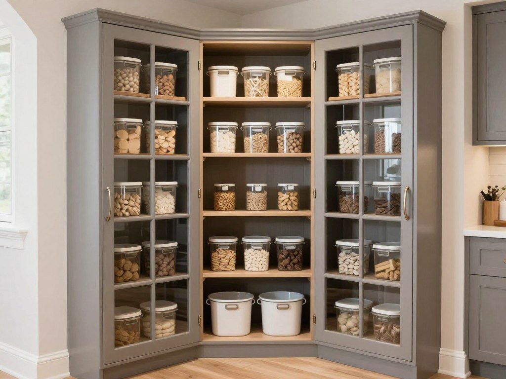 corner pantry cabinet with glass doors showing organized interior