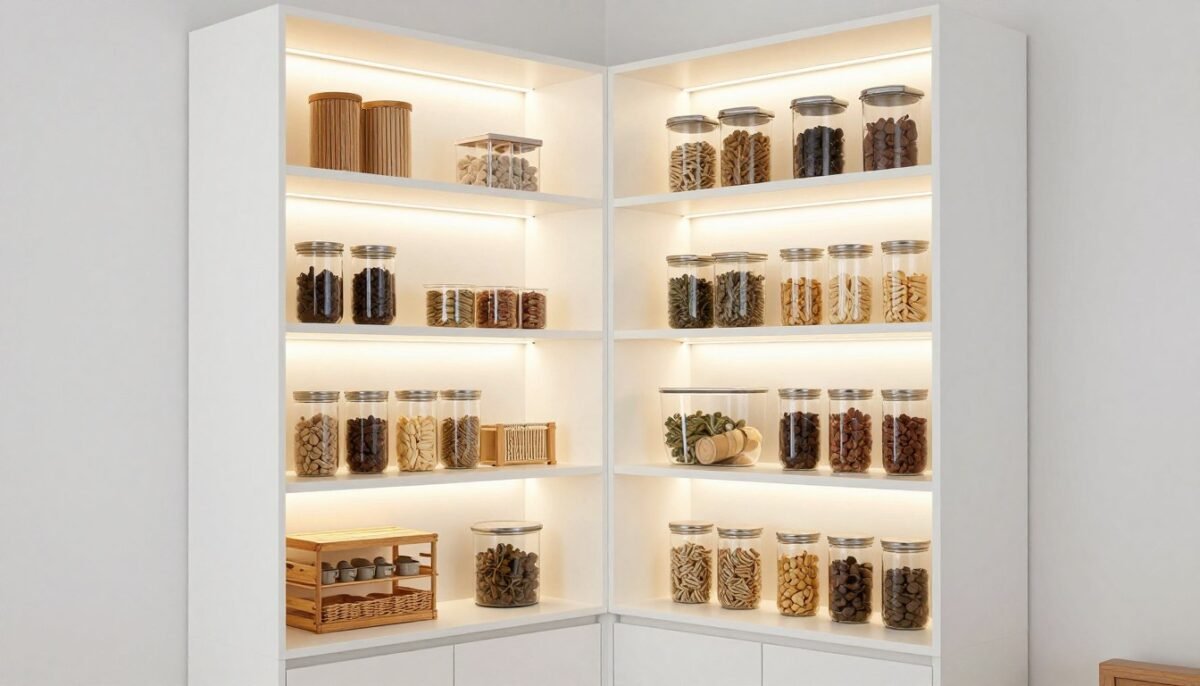 corner pantry with LED strip lighting illuminating shelves and contents