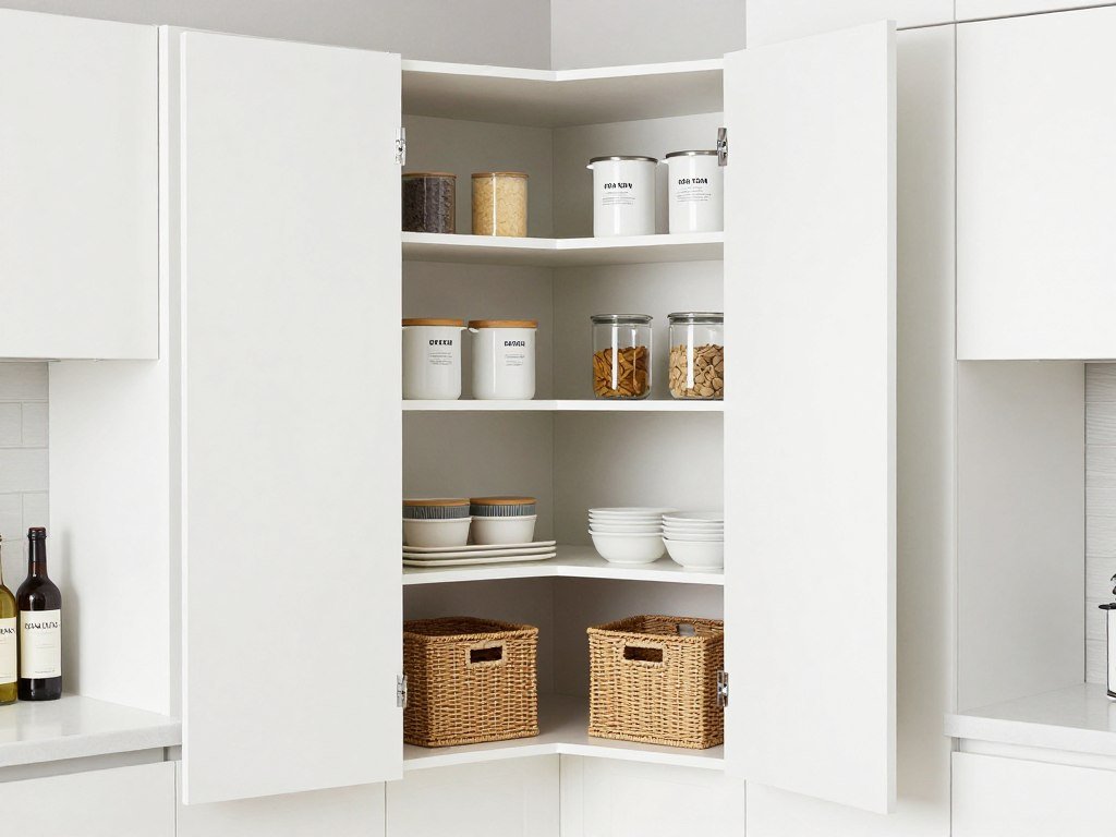 corner pantry with bi-fold doors opened revealing organized shelving inside