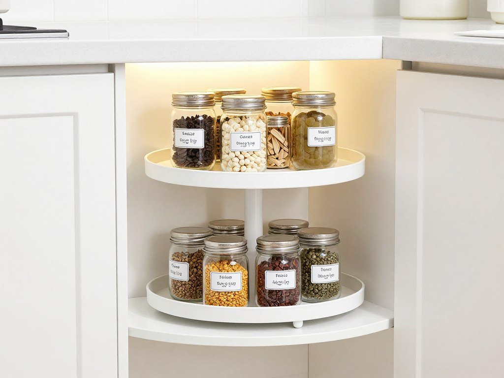 corner pantry with lazy susan rotating shelves holding spices and small jars