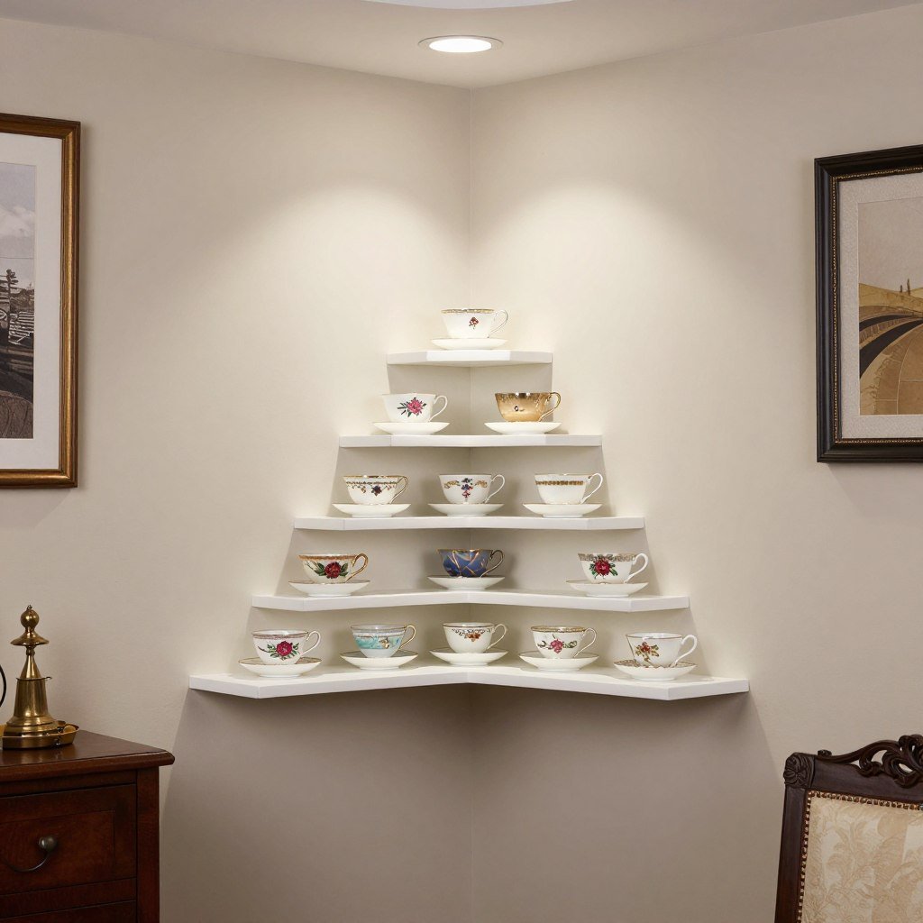 corner shelf displaying tea cups in triangular arrangement
