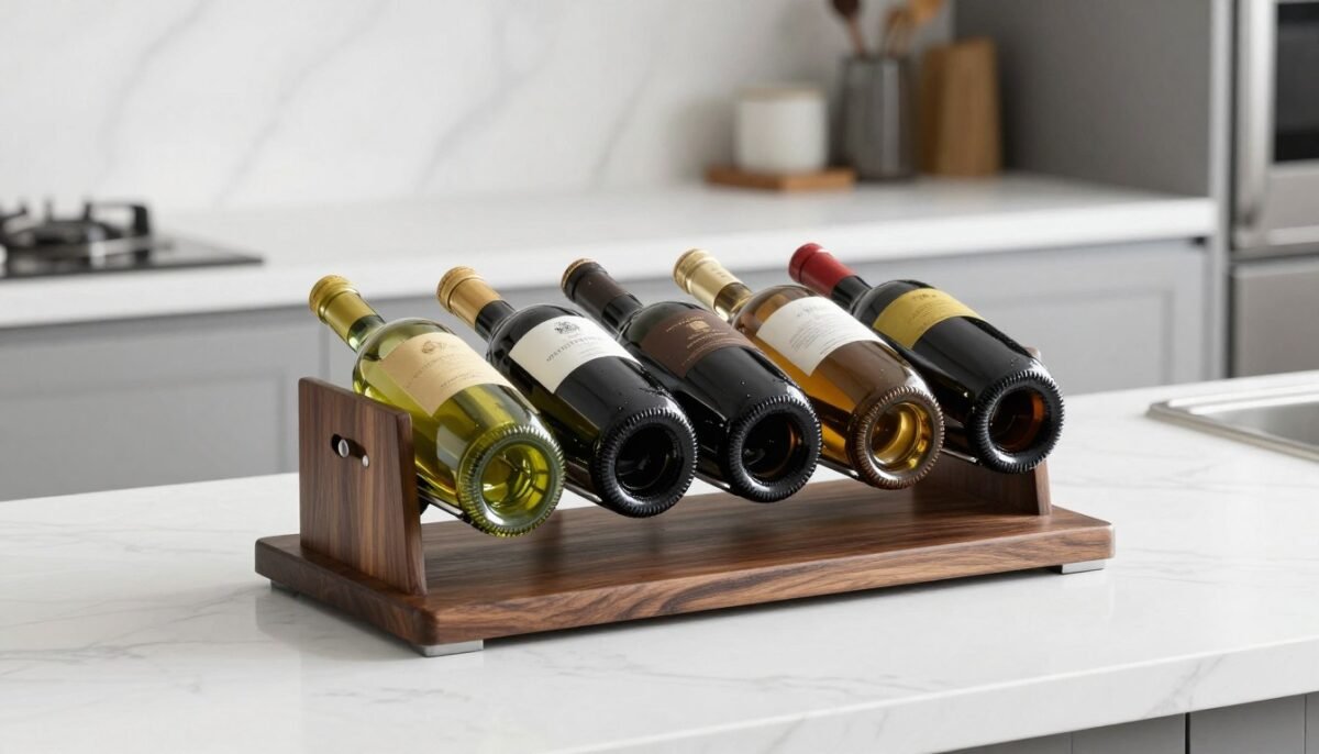 countertop wine rack with bottles displayed on kitchen counter