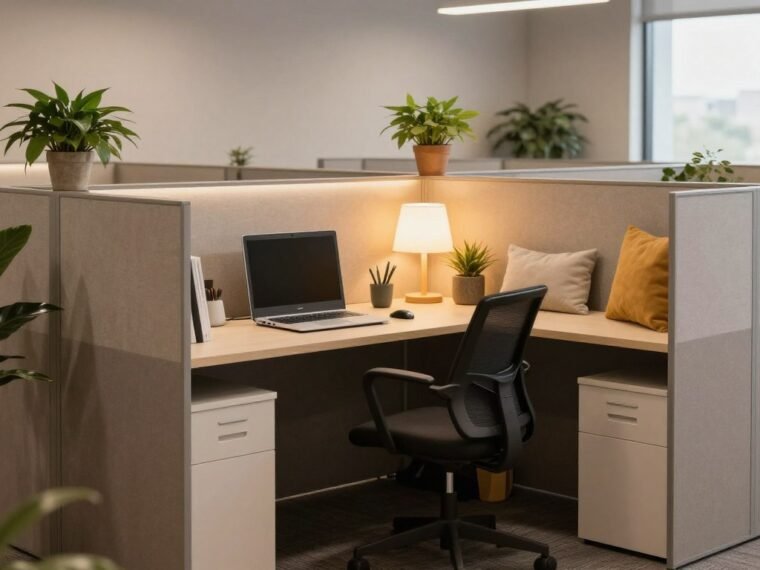 cozy cubicle workspace with warm lighting and personal touches