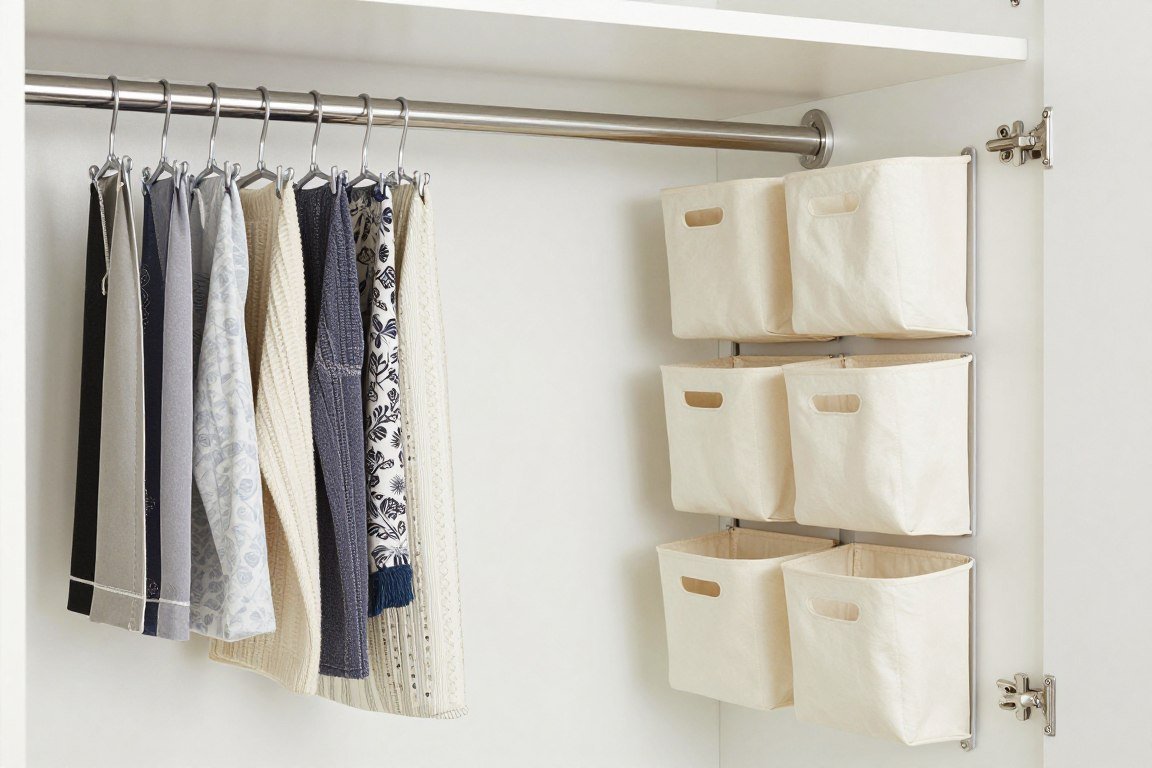 craft room using laundry room style storage with hanging rods and bins